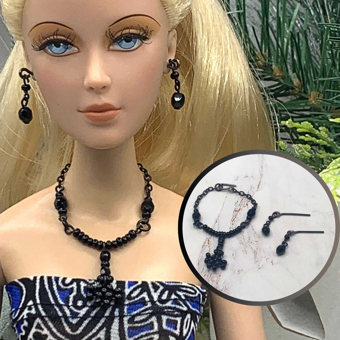 Black Beaded Y Drop Flower Doll Necklace Matching Earring Set • 16” Doll Jewelry