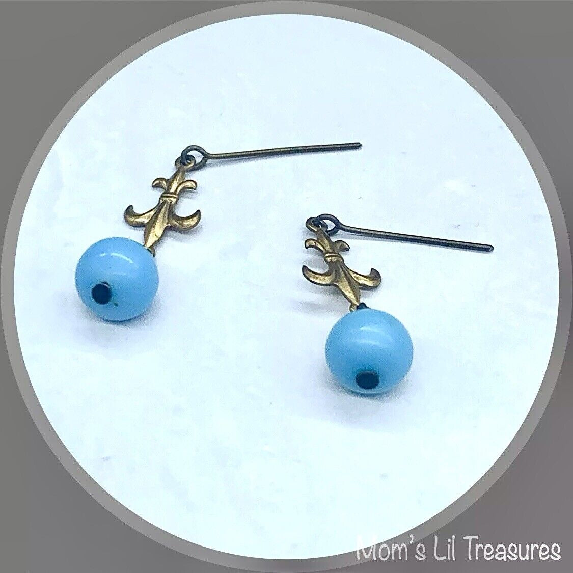 Round Blue Glass & Gold Fleur-de-lis Dangle Doll Earrings • 18” Doll Jewelry