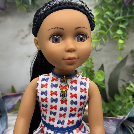 Blue Fabric Cord Doll Necklace Gold Keys Pendant • 14”  Fashion Doll Jewelry