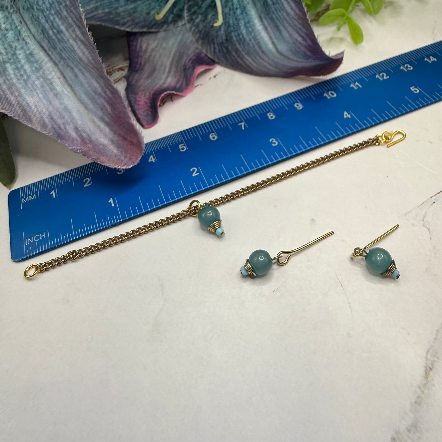 Blue Drop Dangle Gold Chain Doll Necklace & Earrings Set • 16 Inch Fashion Doll Jewelry •