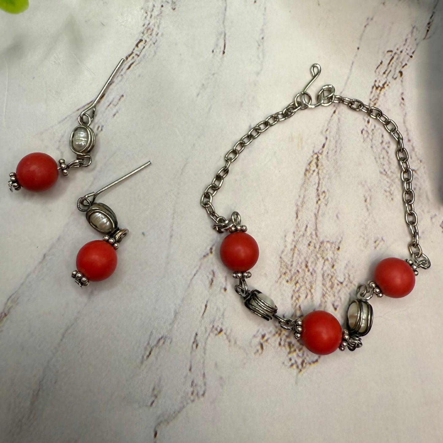 Candy Apple Red Pearl & Silver Doll Necklace & Earrings Set • 18 Inch Doll Jewelry