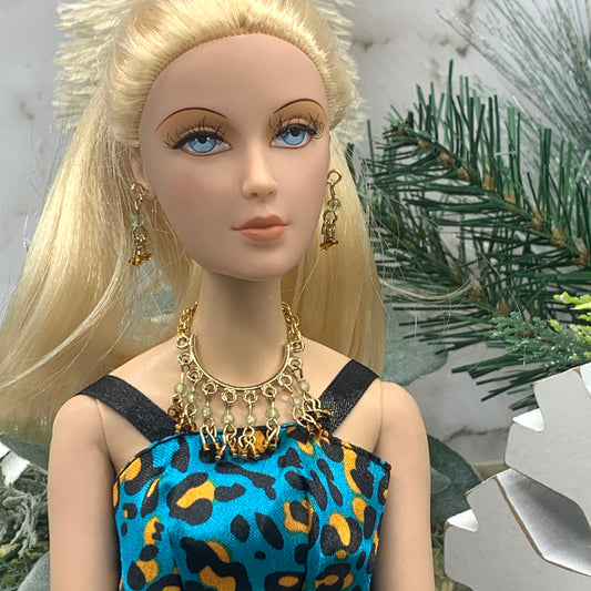 Light Green Brown Glass Dangle Doll Necklace Earrings Set • 16” Doll Jewelry