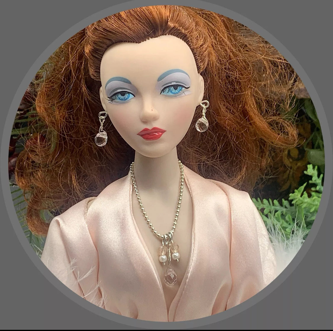 16 Inch Doll Jewelry • Silver Ball Chain Pink Clear Pearl Necklace Earrings Set