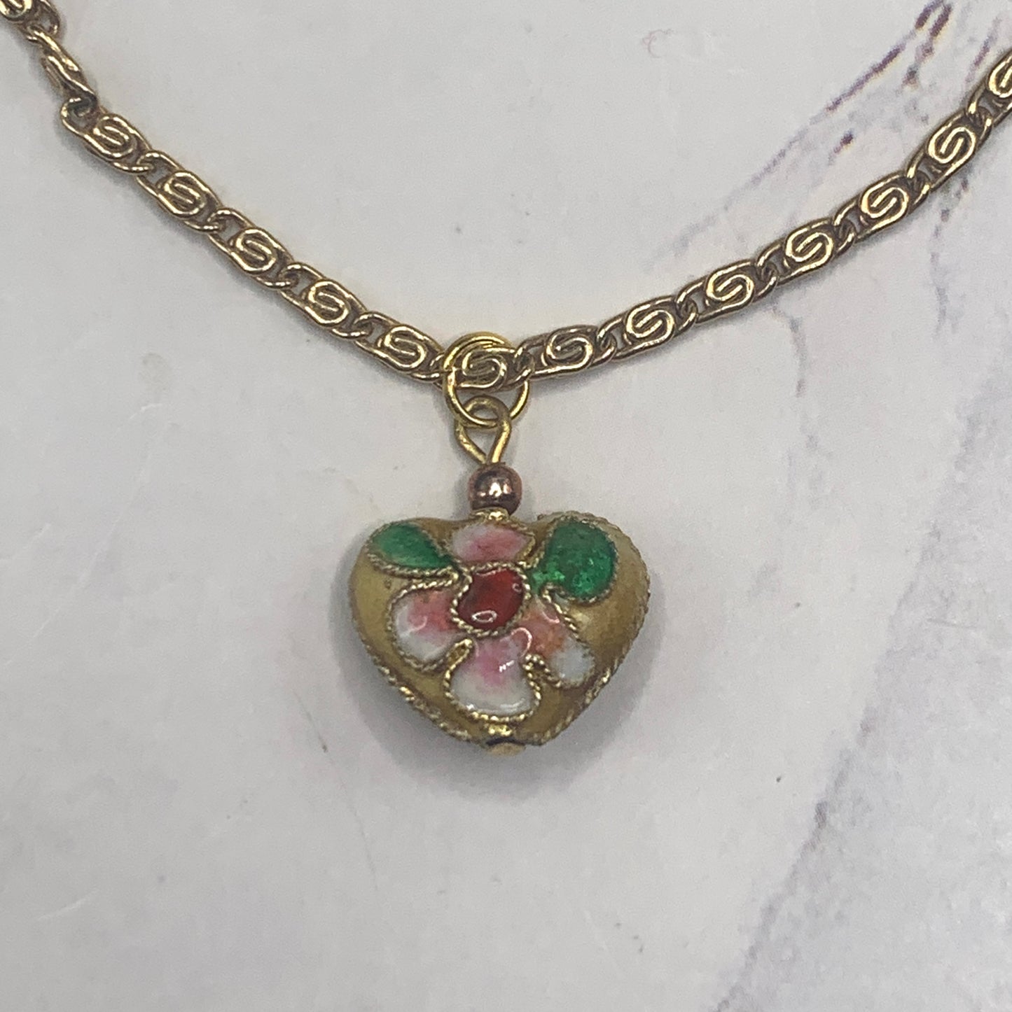 Cloisonné Heart Flower Design Charm Gold Chain Doll Necklace • 18” Doll Jewelry