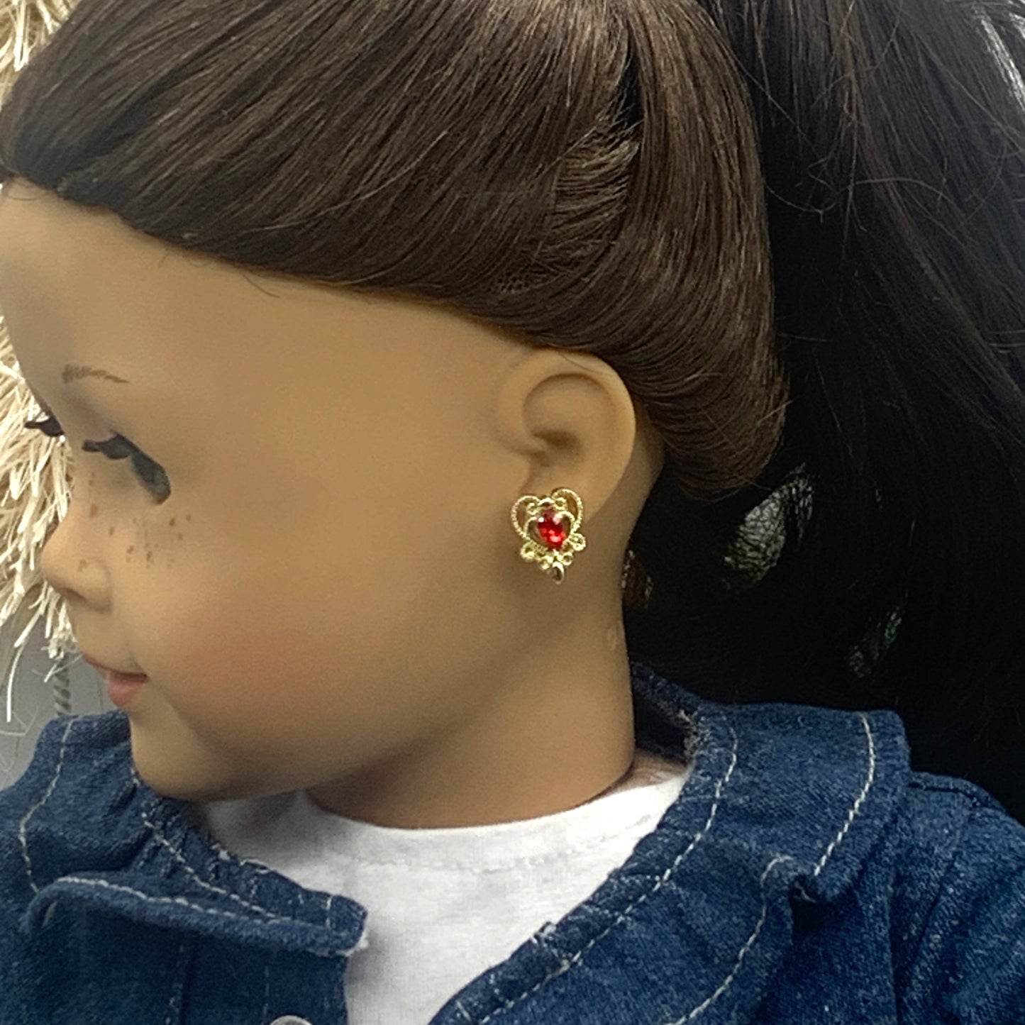 Gold Filigree Heart Red Rhinestone Doll Earrings 2mm Post fit 18” American Girl