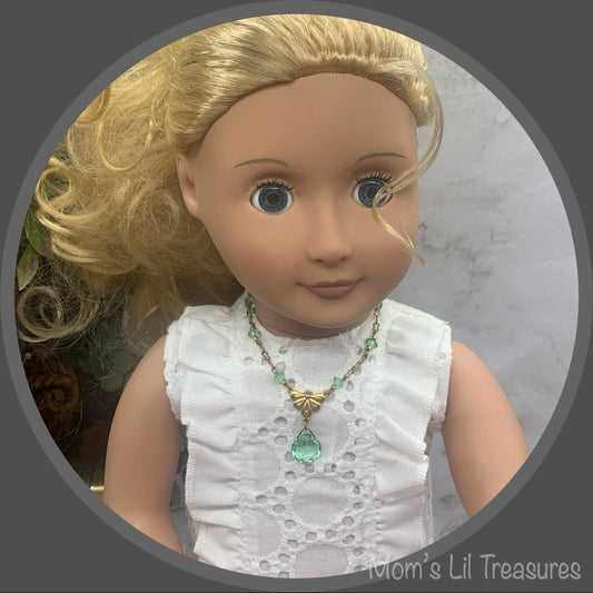 Green Glass Crystal Pendant Gold Doll Necklace • 18 Inch Fashion Doll Jewelry