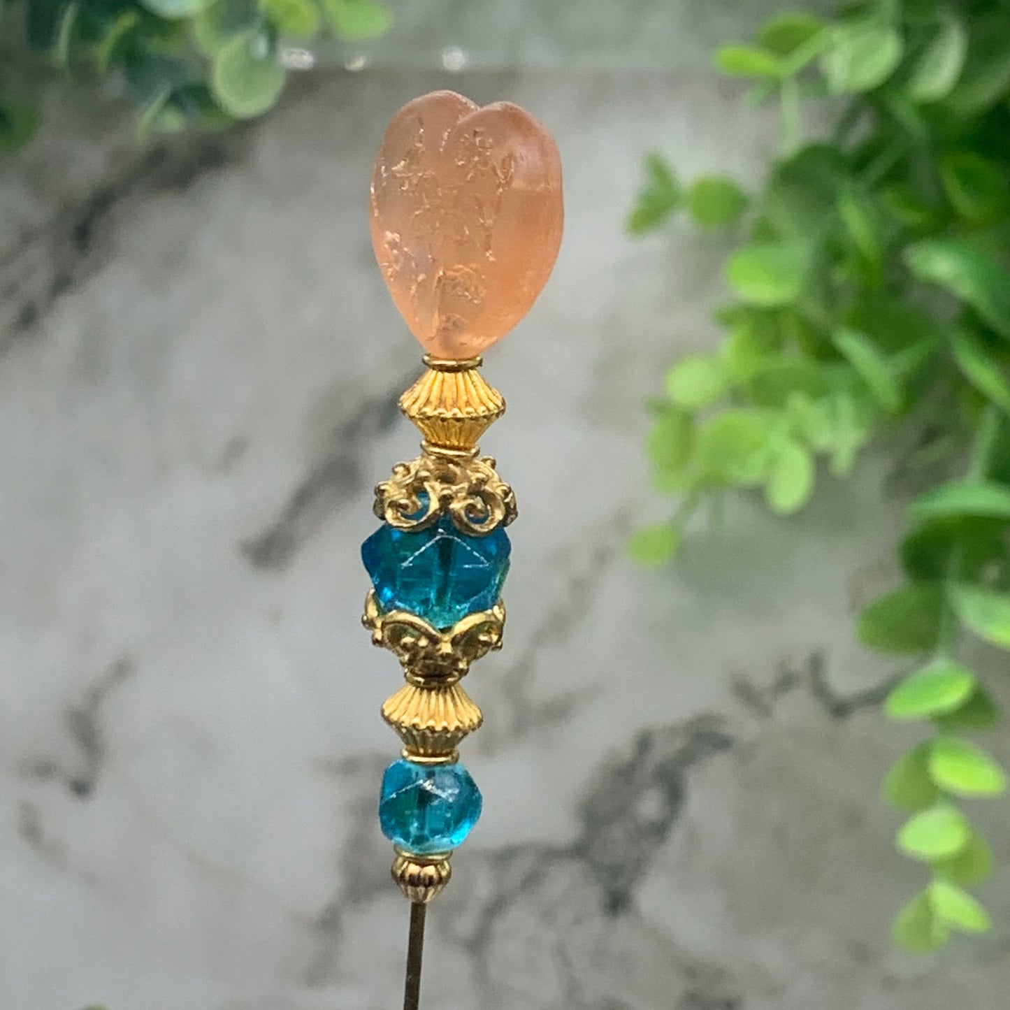 Turquoise Blue Crystal Pink Rainbow & Etched Flower Design Heart 8.25” Hatpin