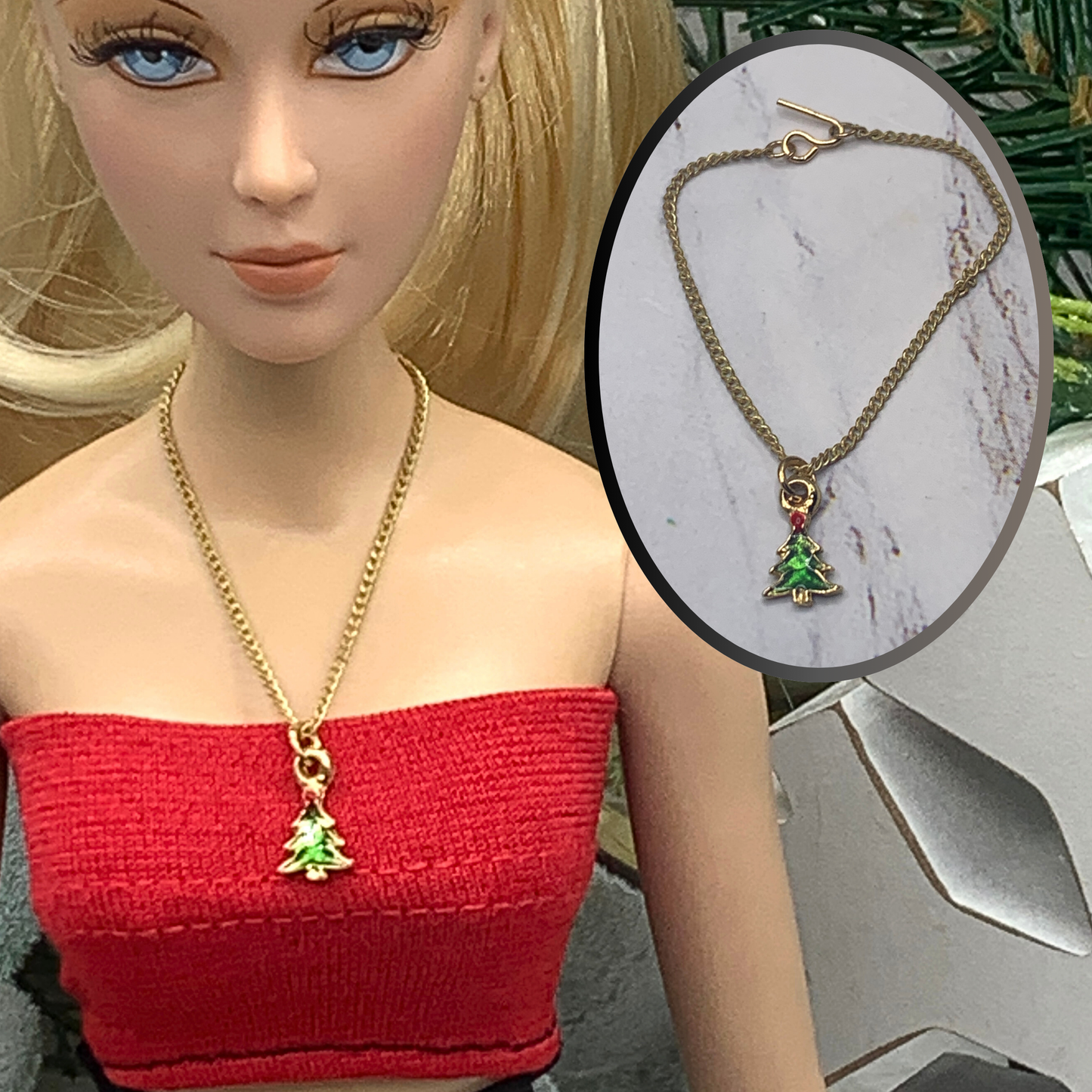 Christmas Tree Charm Gold Chain Doll Necklace • 16 inch Fashion Doll Jewelry
