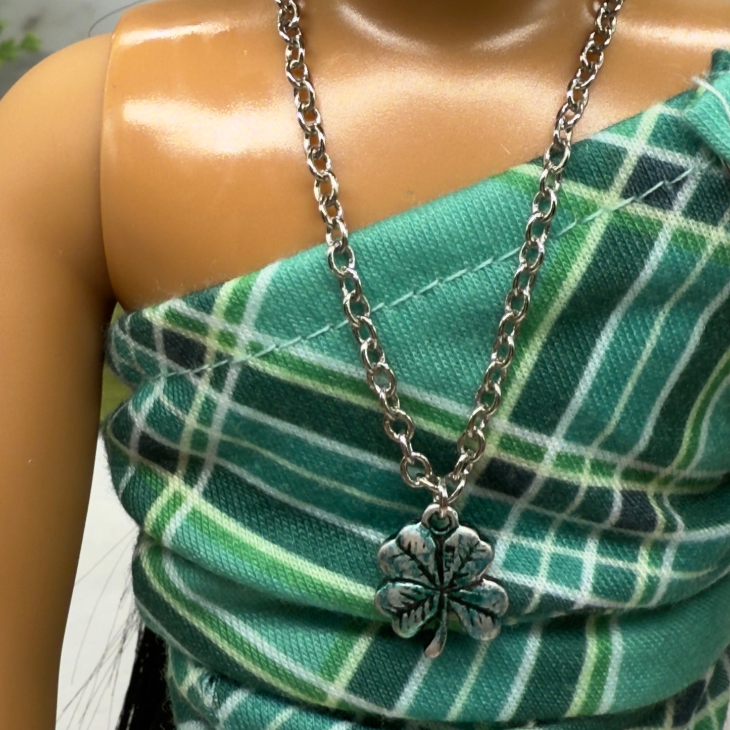 Four Leaf Clover Luck Green Enamel Silver Pendant Doll Necklace • 18 Inch Fashion Doll Jewelry