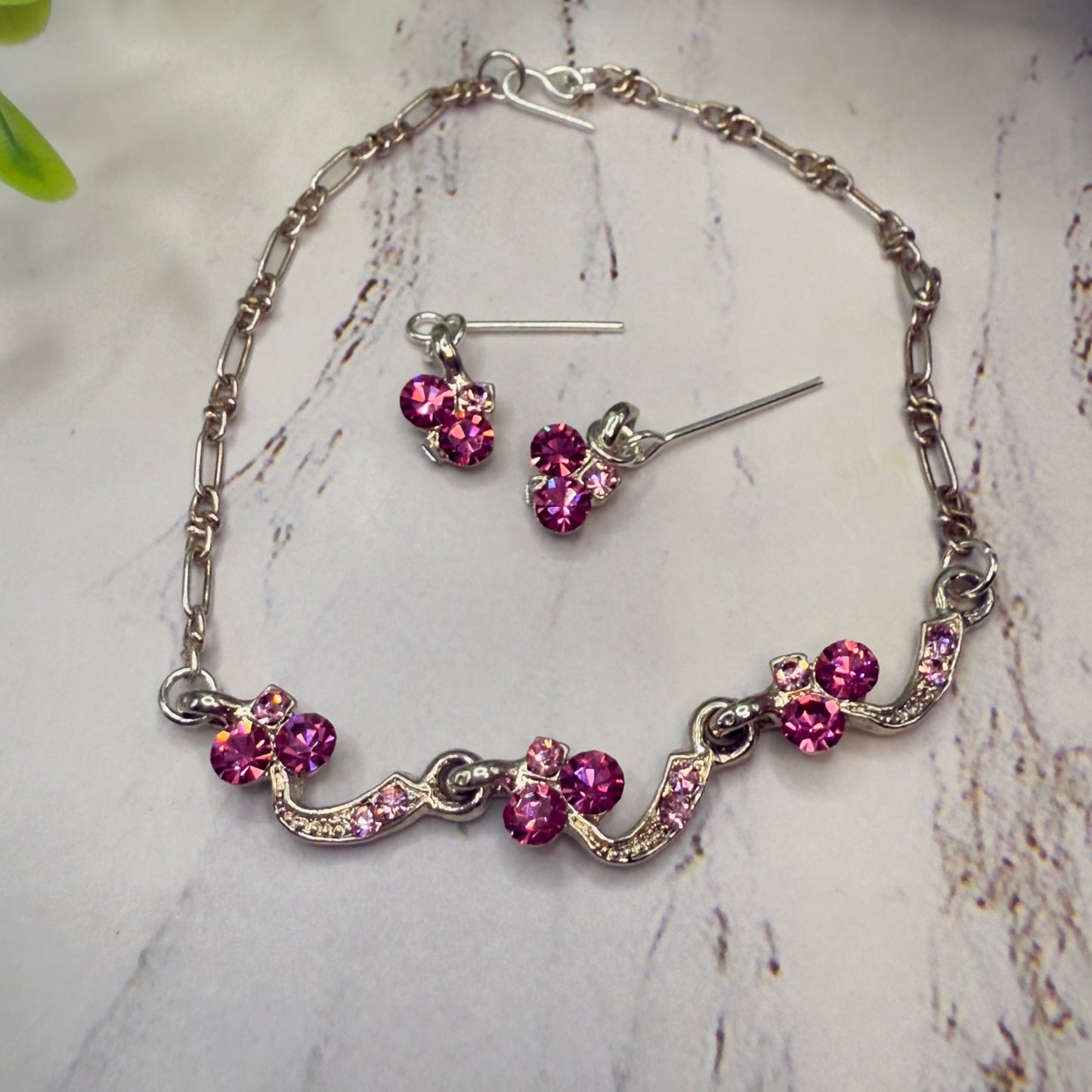 Light Dark Pink Rhinestone Silver Curved Link Doll Necklace & Earrings Set • 18 Inch Fashion Doll Jewelry