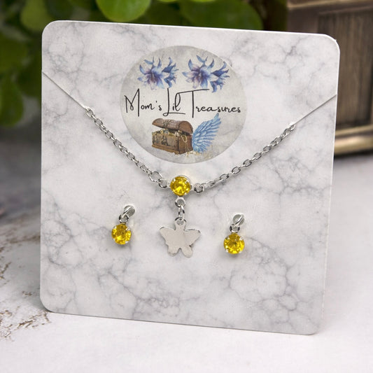 Yellow Rhinestone Silver Butterfly Charm Doll Necklace & Earrings for 16 Inch Fashion Dolls