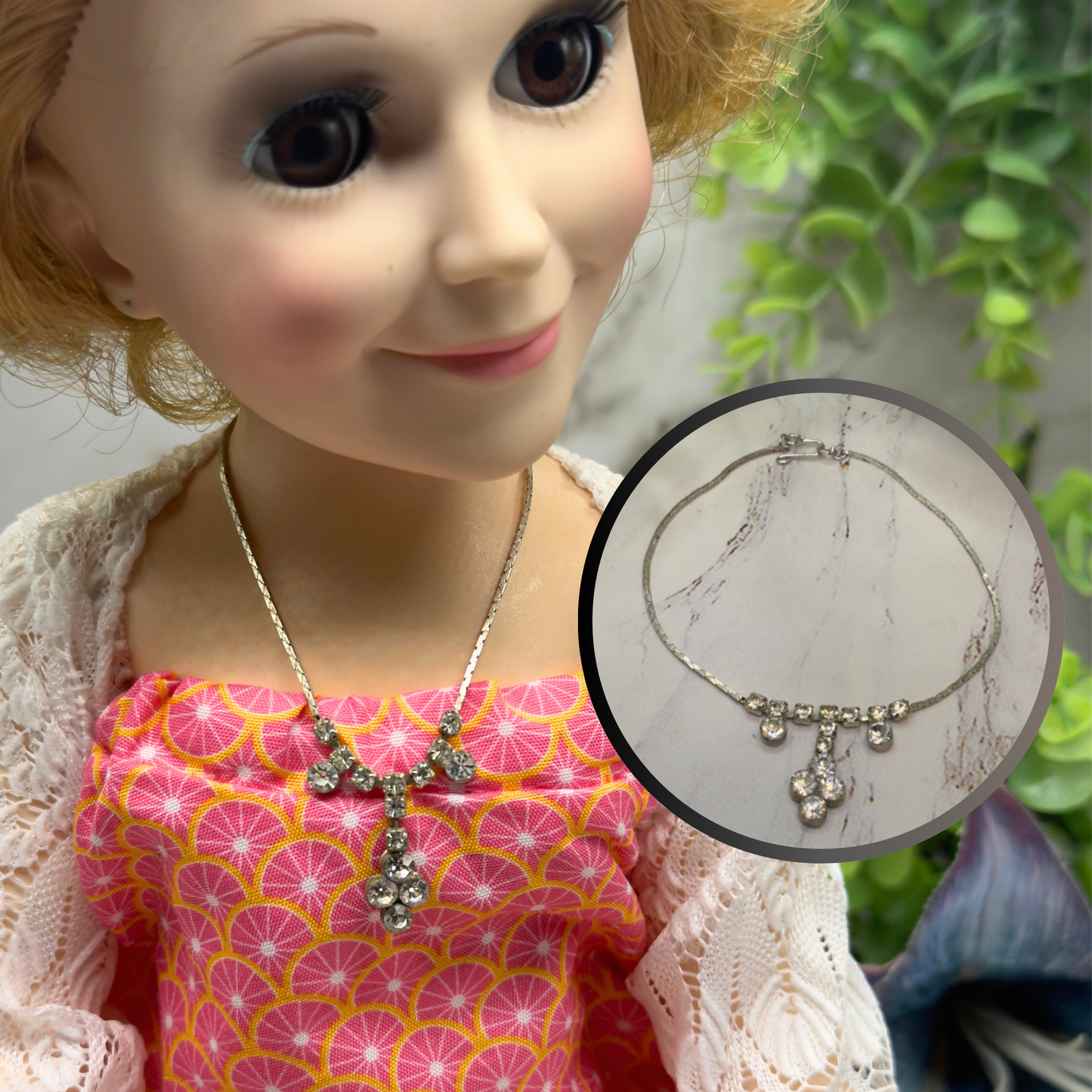 Clear Rhinestone Drop Dangle Silver Serpentine Doll Necklace • 18-22” Vintage Doll Jewelry