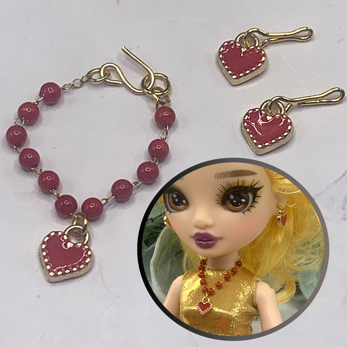 Red Heart Beaded Gold Chain Doll Necklace Earring Set 10-12” Doll Rainbow High