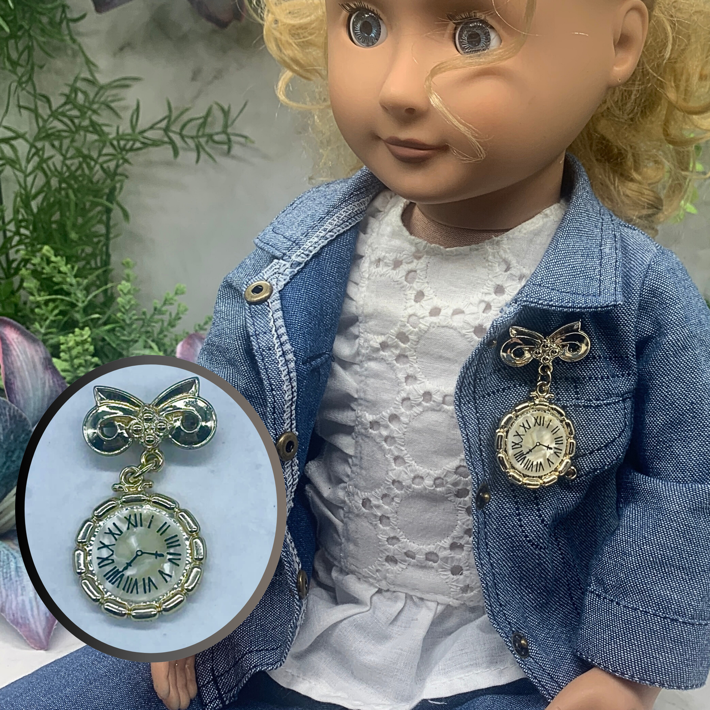 Gold Tone Simulated Watch / Mother of Pearl Face Clock Pin • Doll Brooch
