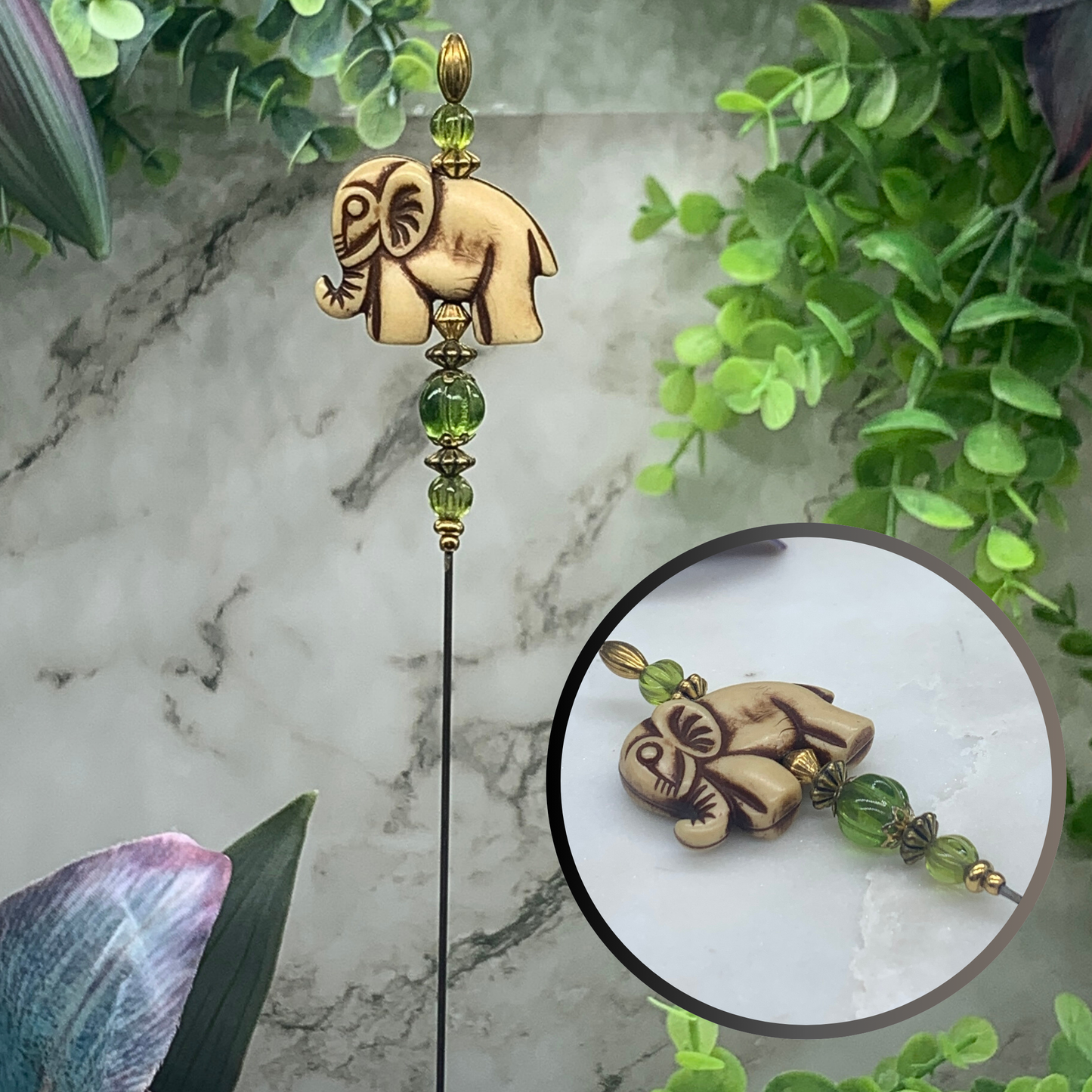Green Glass Crystal & Elephant Hatpin - Stick Pin • 8” Pin