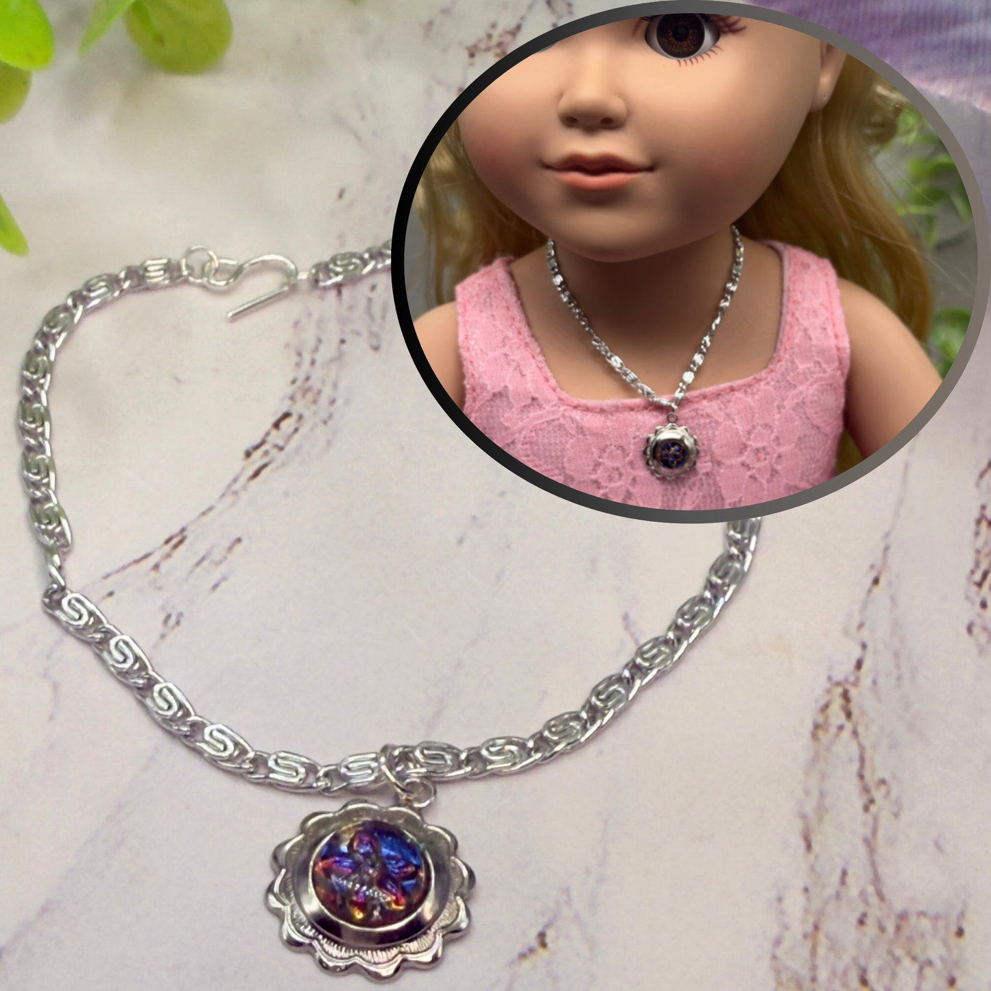 Blue Purple Flower Silver Filigree Pendant Doll Necklace • 18 Inch Fashion Doll Jewelry