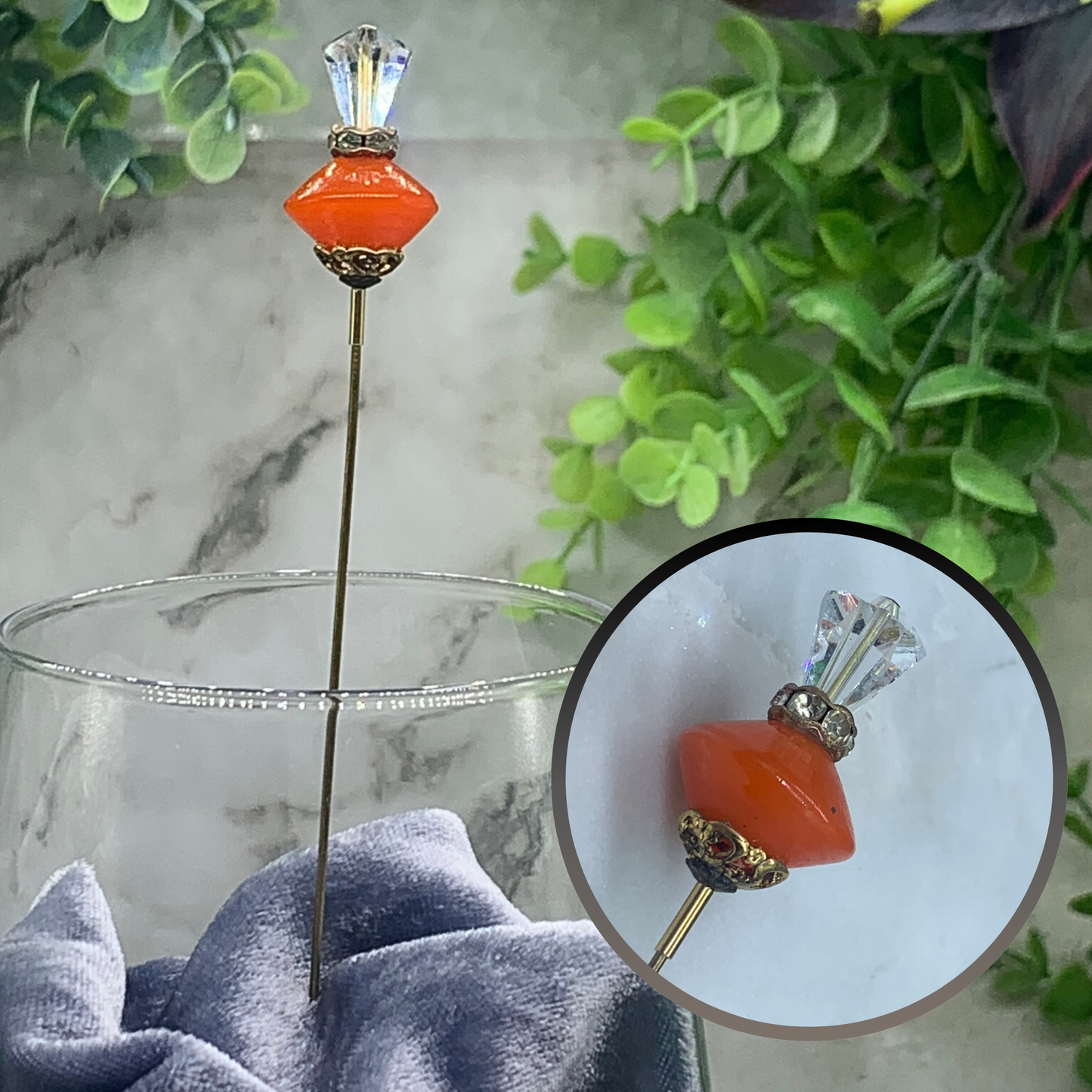 Orange Color Glass & Clear Glass Faceted Crystal • 6” Hatpin - Stick Pin