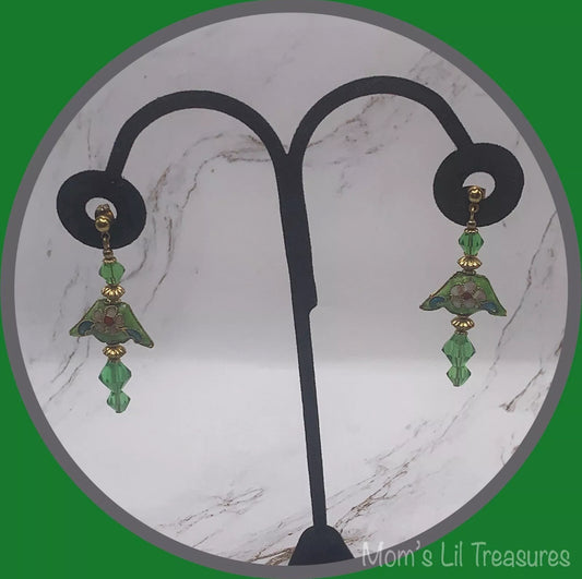 Fashion Green Crystal & Cloisonné Gold Tone Dangle Earrings - Post- Handmade