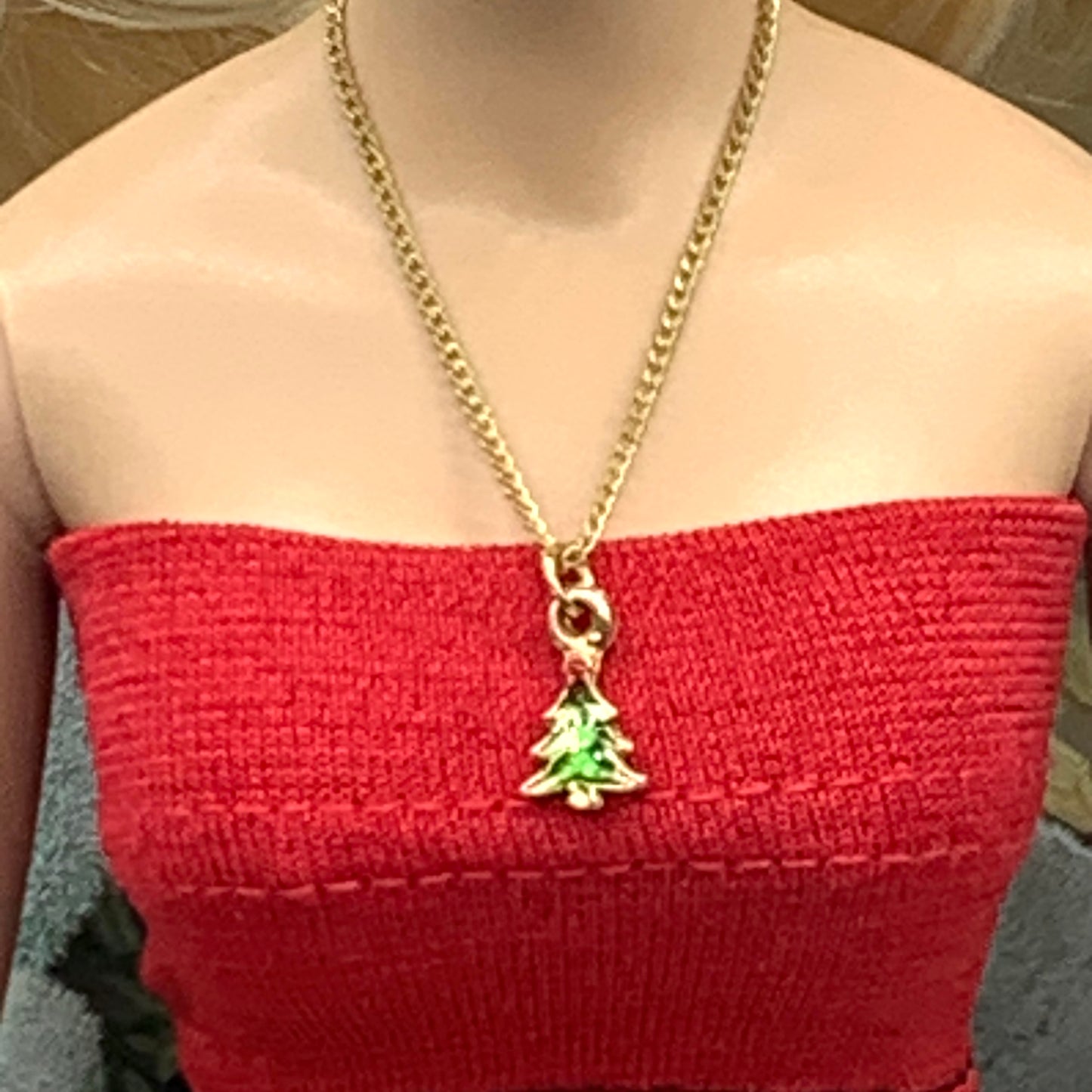 Christmas Tree Charm Gold Chain Doll Necklace • 16 inch Fashion Doll Jewelry