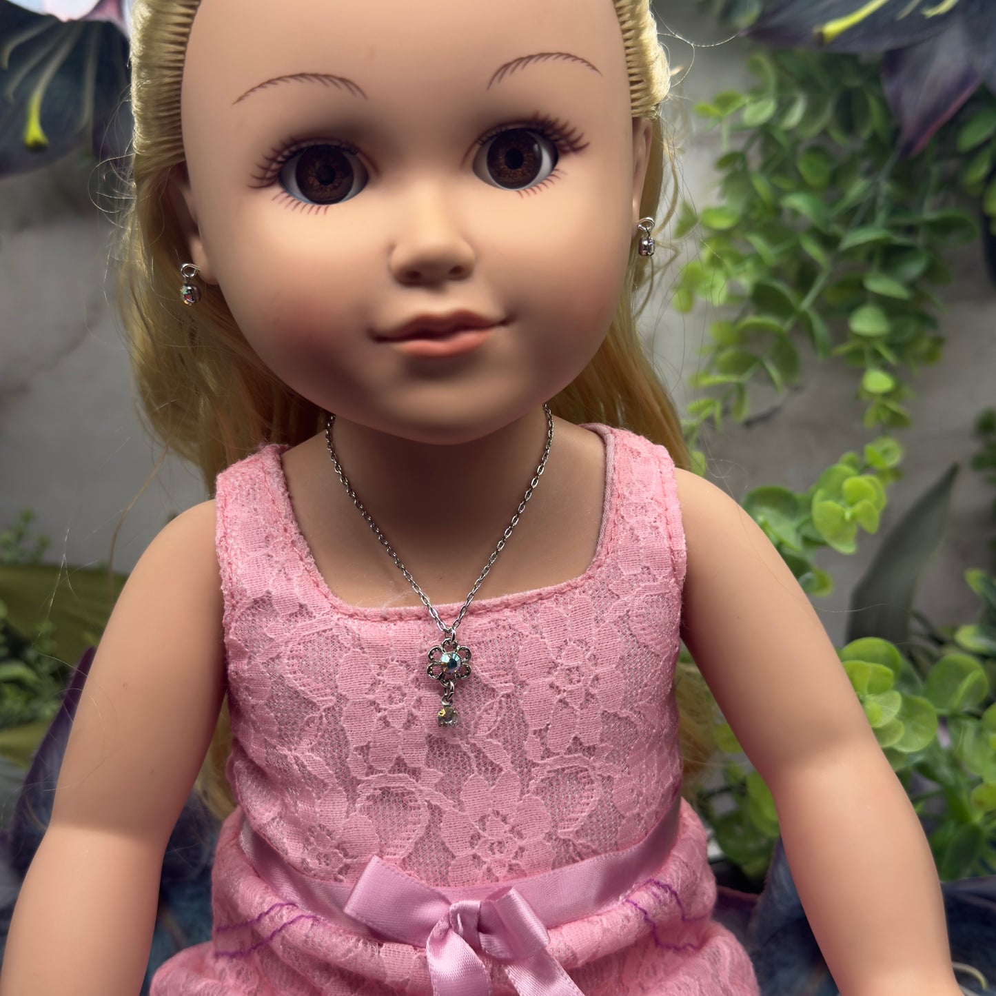 AB Rhinestone Flower Pendant Doll Necklace & Earrings Set• 18 Inch Fashion Doll Jewelry