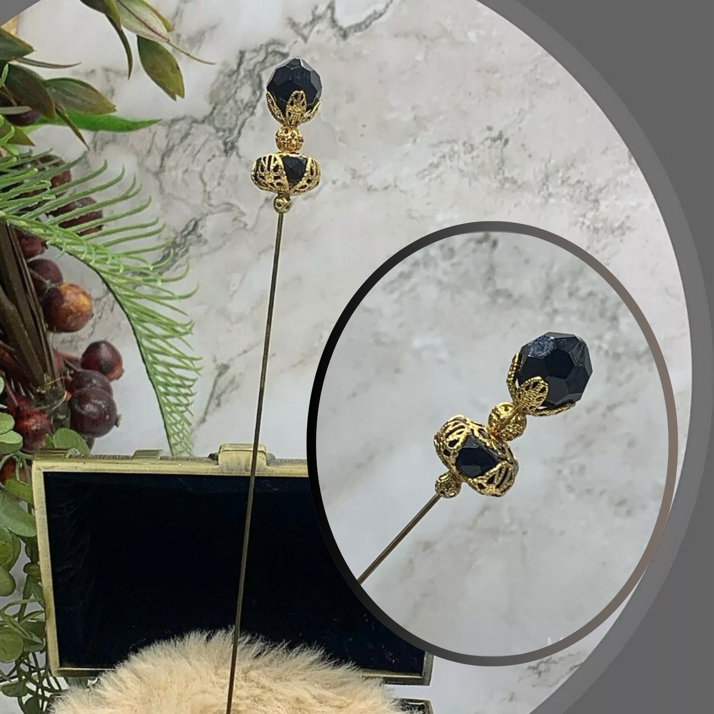 Black Crystal - Gold Tone Findings - 8” Pin • Hatpin - Stick Pin
