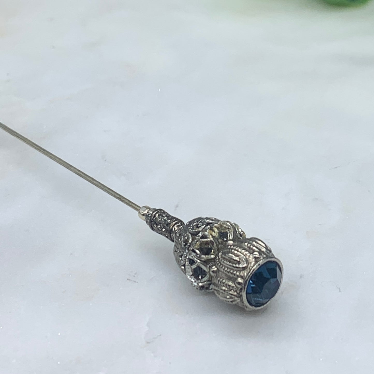 Blue Rhinestone Silver Filigree - 8.5” • Hatpin - Stick Pin