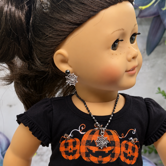 Silver Spider Web Charm Black Rhinestone Doll Necklace & 2mm Post Earrings | for 18 Inch Dolls • American Girl