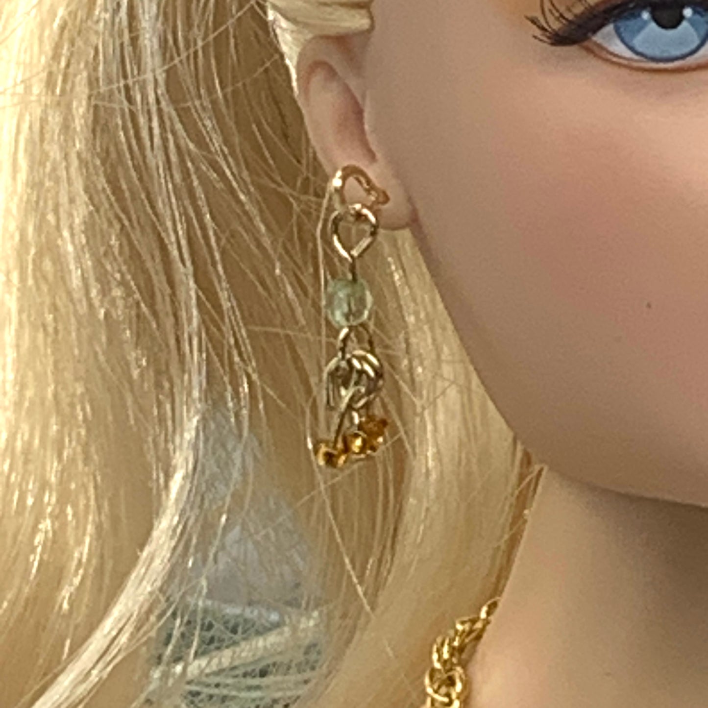 Light Green Brown Glass Dangle Doll Necklace Earrings Set • 16” Doll Jewelry