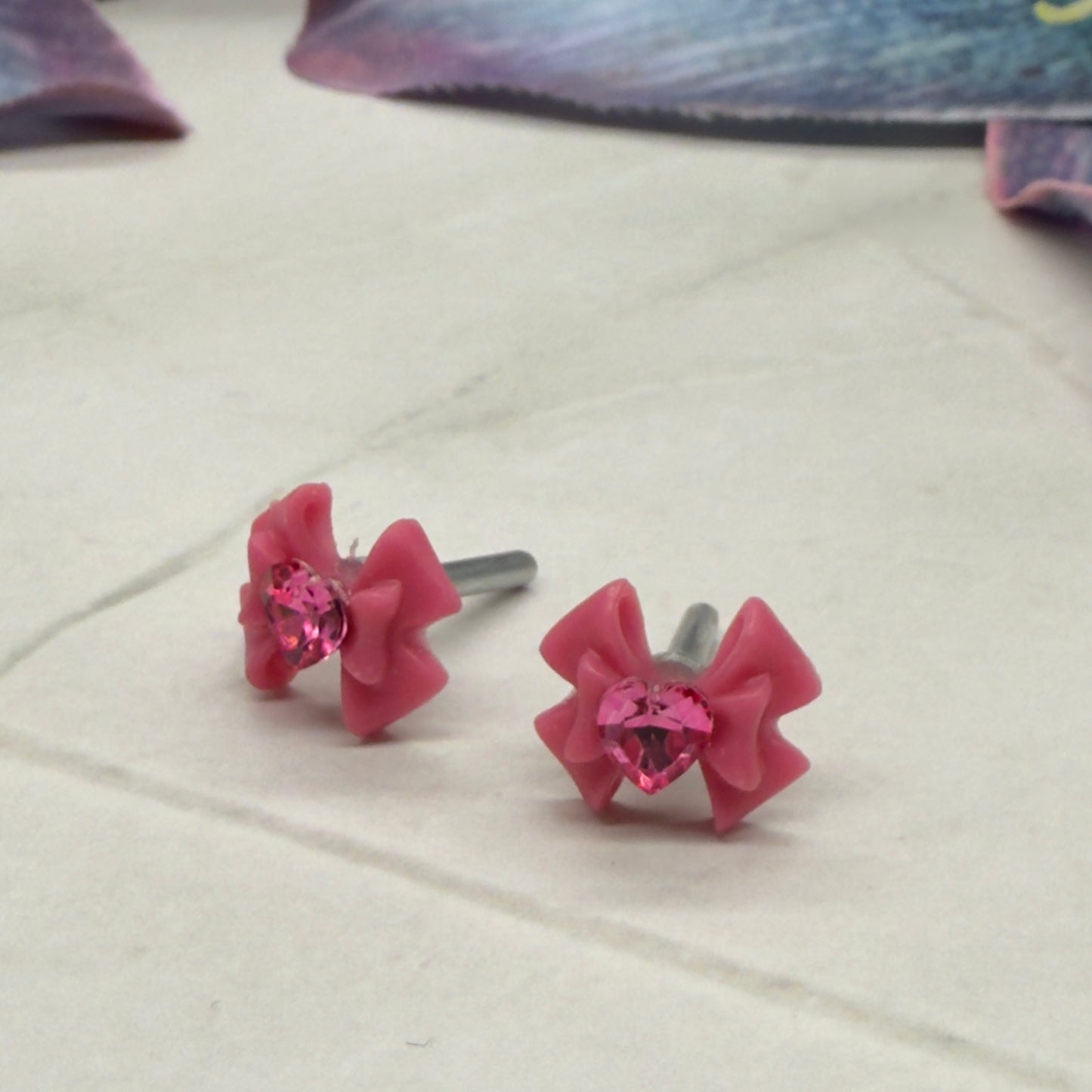 Pink Bow Heart Rhinestone 2mm Post Doll Earrings • fits 18 Inch Fashion Dolls
