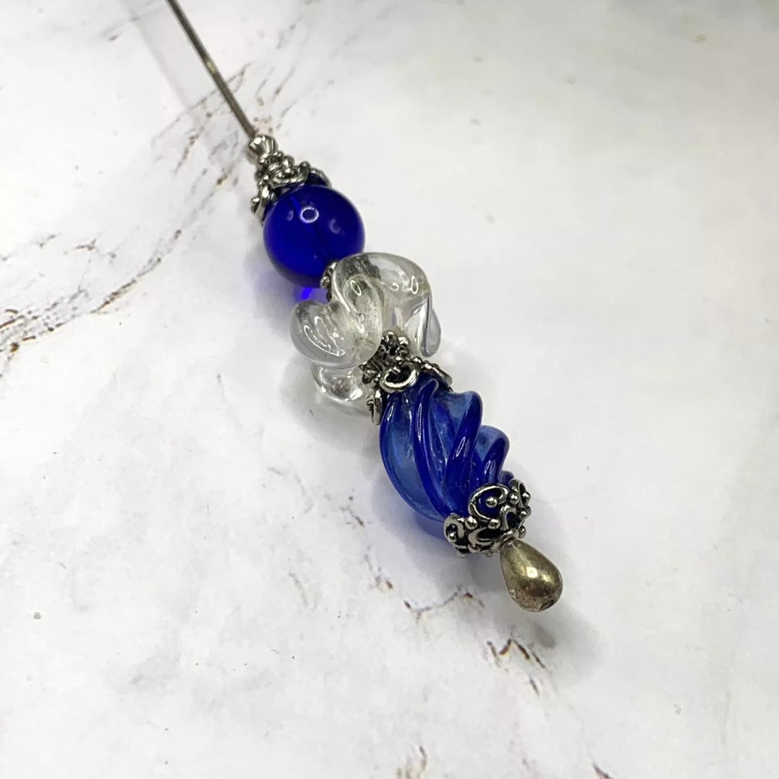Blue Clear Swirl Glass Silver Filigree Design - 8.75” • Hatpin