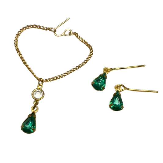 Green Rhinestone Teardrop Gold Doll Necklace Earring Set • 16 Inch Doll Jewelry