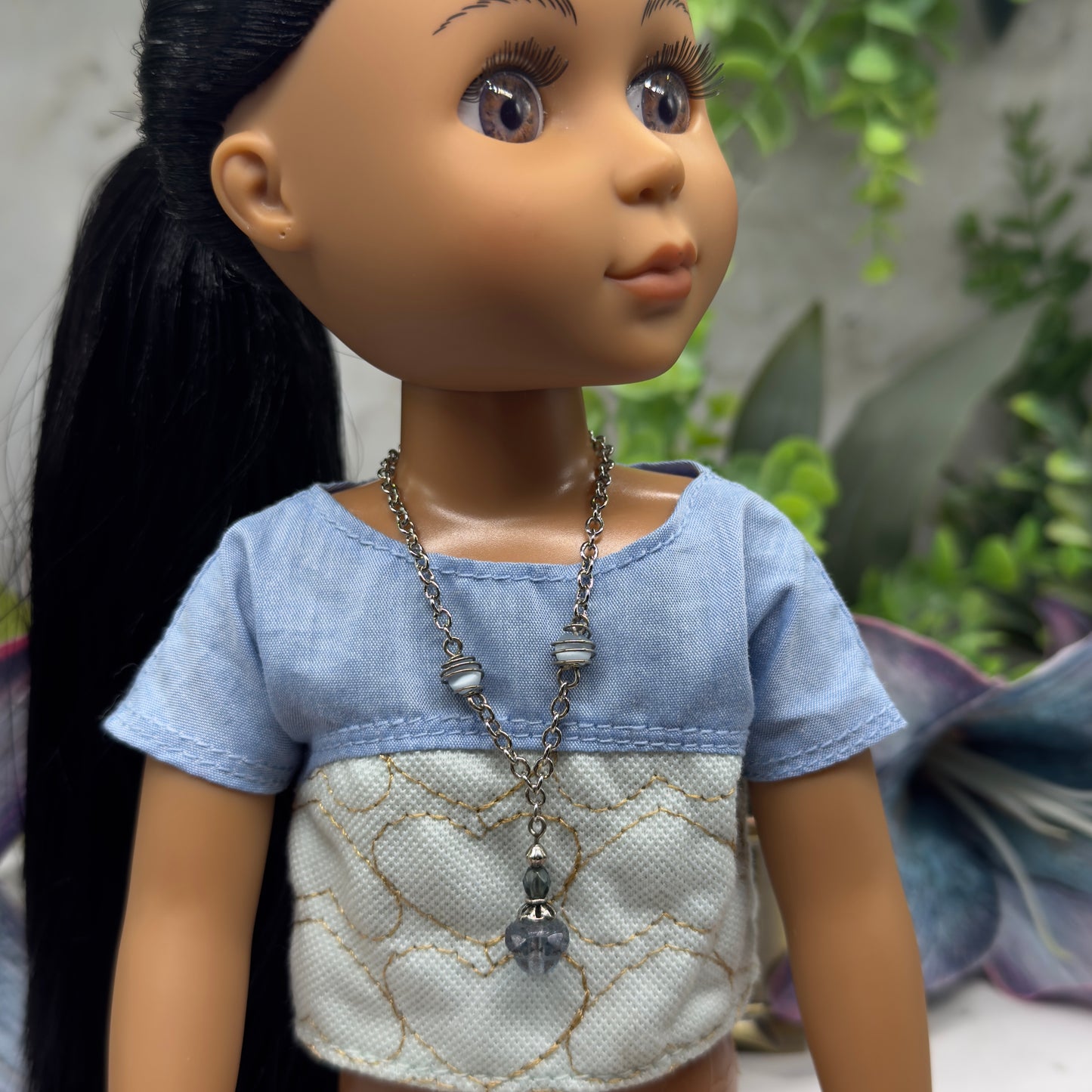 Light Blue Glass Silver Chain Pendant Doll Necklace • 14 Inch Fashion Doll Jewelry