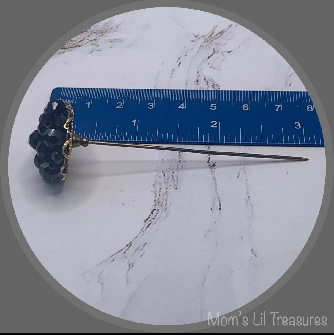 Hatpin - Stick Pin • Black Faceted Crystal Bead Cluster Gold Filigree Base - 3”