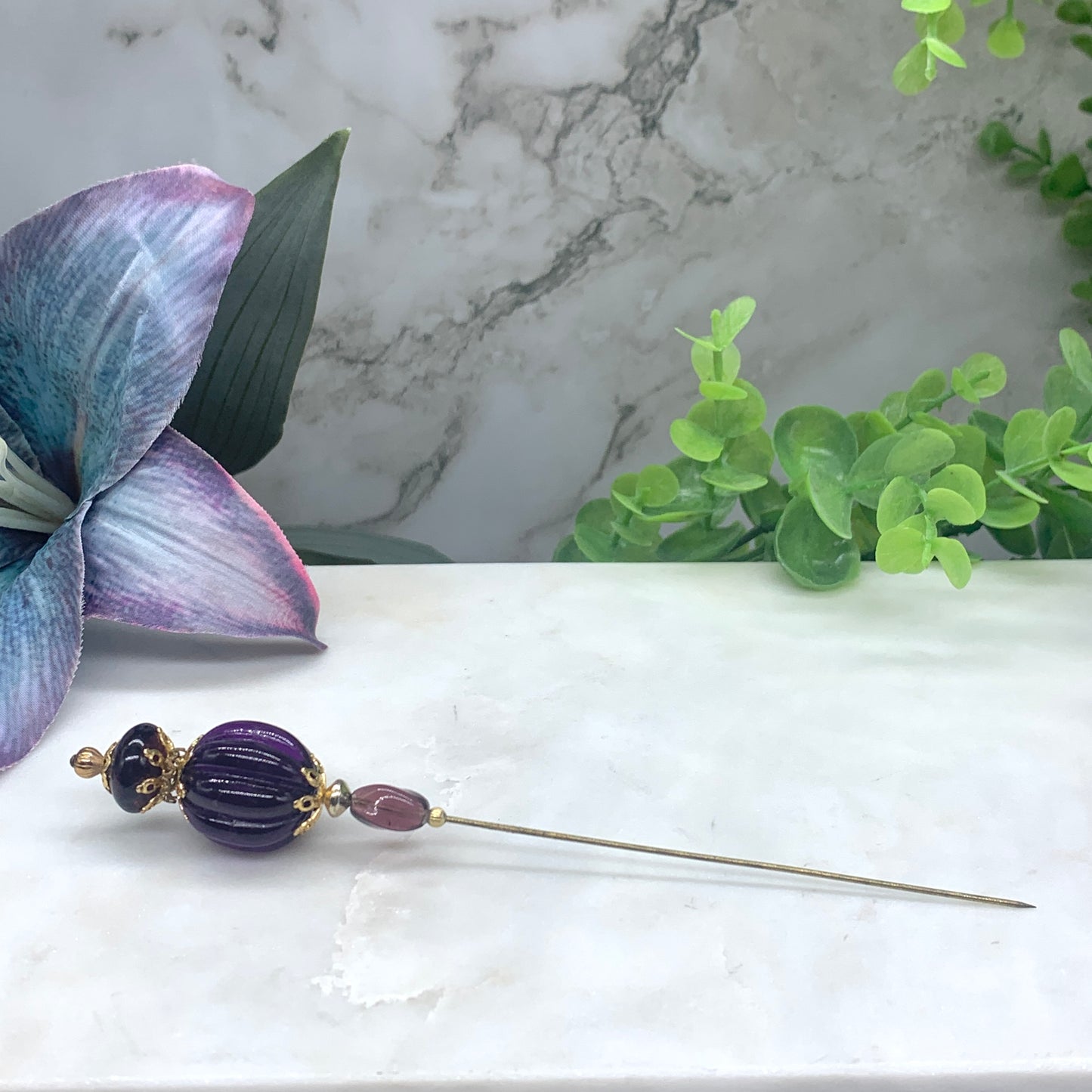 Purple Acrylic Ribbed Spiral Design Gold Filigree • 6” Hatpin - Stick Pin