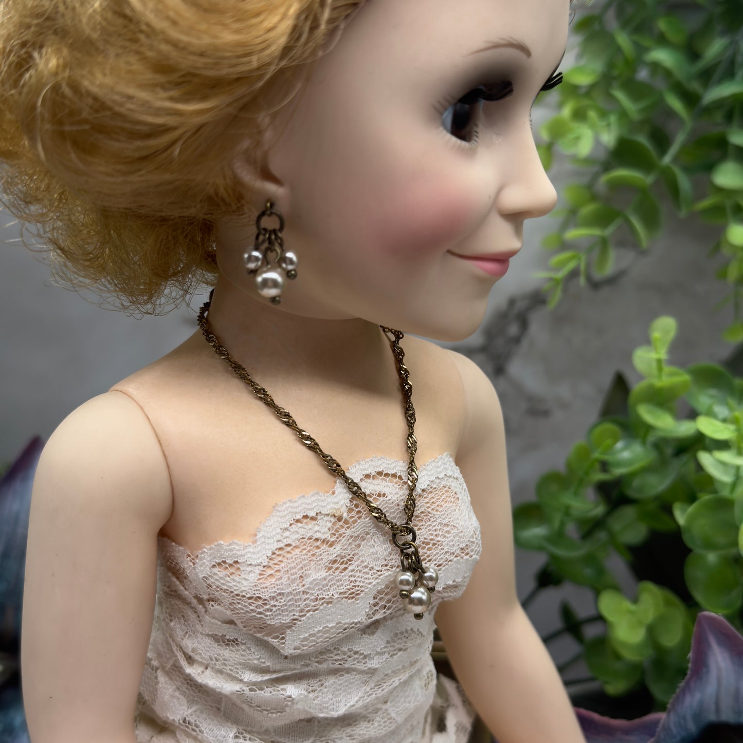 Gold Chain Pearl Dangle Pendant Doll Necklace & Earrings • 18-22” Vintage Doll Jewelry