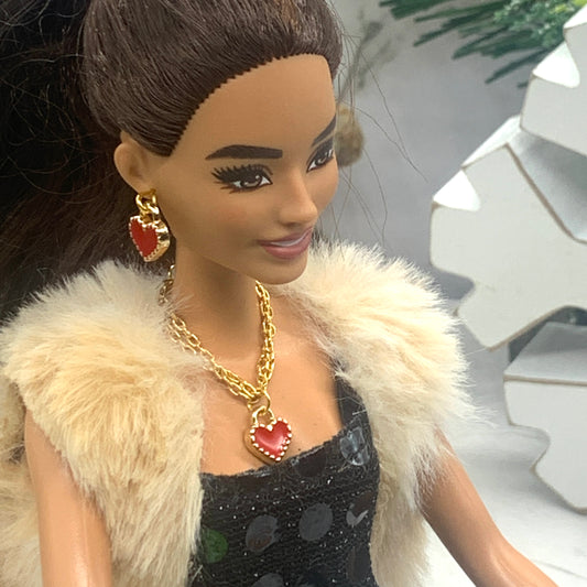 Red Heart Gold Chain Doll Necklace Earring Set • 11-12” Fashion Doll Jewelry