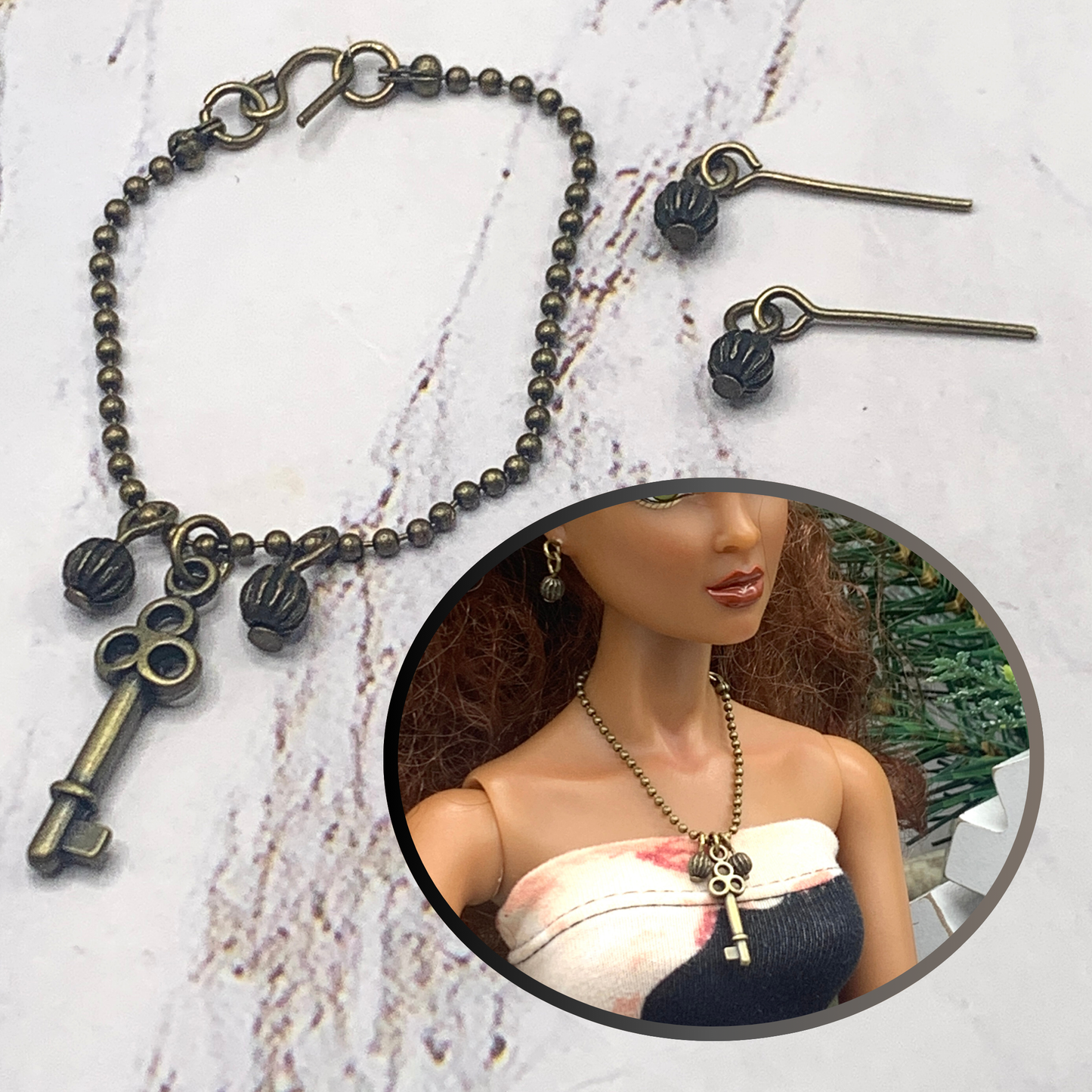Bronze Key Pendant Chain Doll Necklace Matching Earrings Set • 16” Doll Jewelry