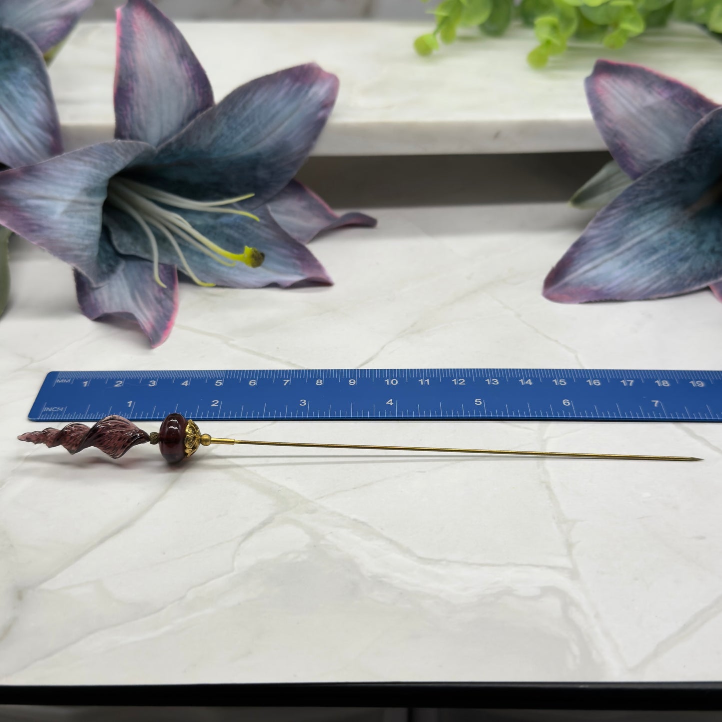 Purple Glass Spiral Design & Gold Filigree Accent • 7.25” Pin Hatpin - Stick Pin