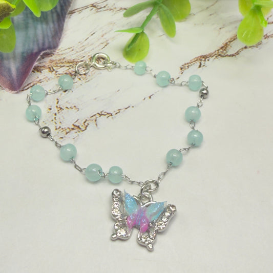Blue Purple Butterfly Charm Light Blue Beaded Doll Necklace • 18 Inch Fashion Doll Jewelry