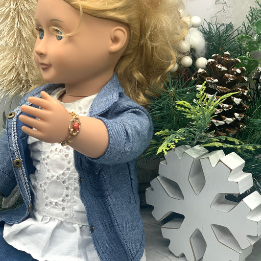 Oval Coral Glass Accent Gold Filigree Chain Doll Bracelet • 18” Doll Jewelry