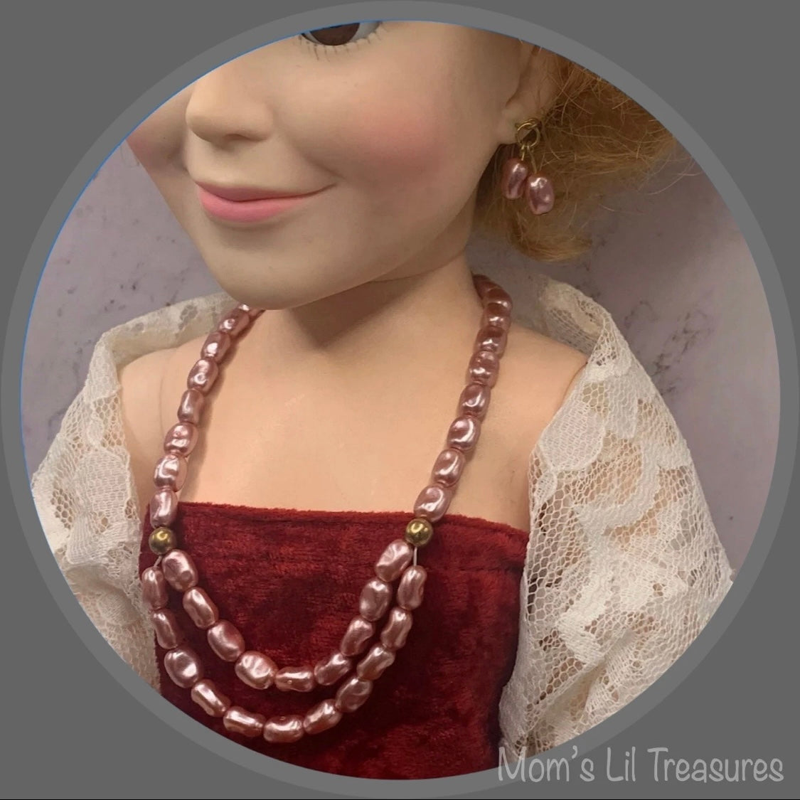 Light Purple Pearl Doll Necklace Earring Set • 18-22 Inch Vintage Doll Jewelry