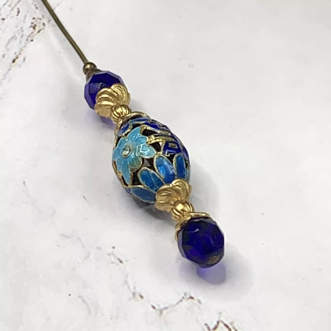 Blue Glass Crystal Metal Cloisonné Enamel Flower Design - 8” • Hatpin