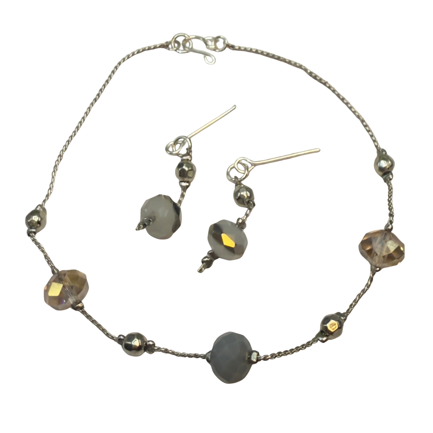 Gray Metallic Glass Crystal Beaded Silver Chain Doll Necklace• 18 Inch Fashion Doll Jewelry