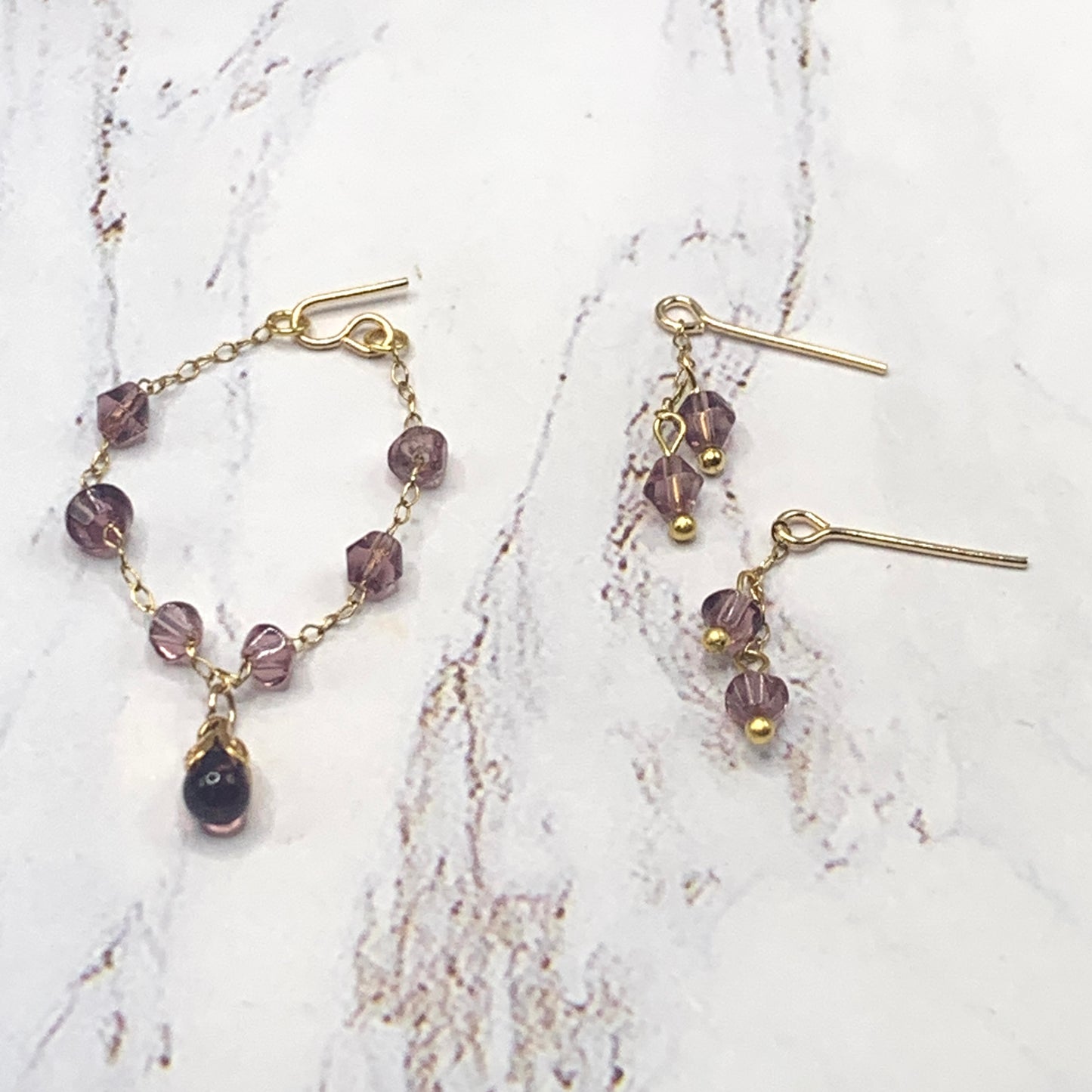 Purple Glass Teardrop Gold Doll Necklace Earrings Set • 16” Fashion Doll Jewelry