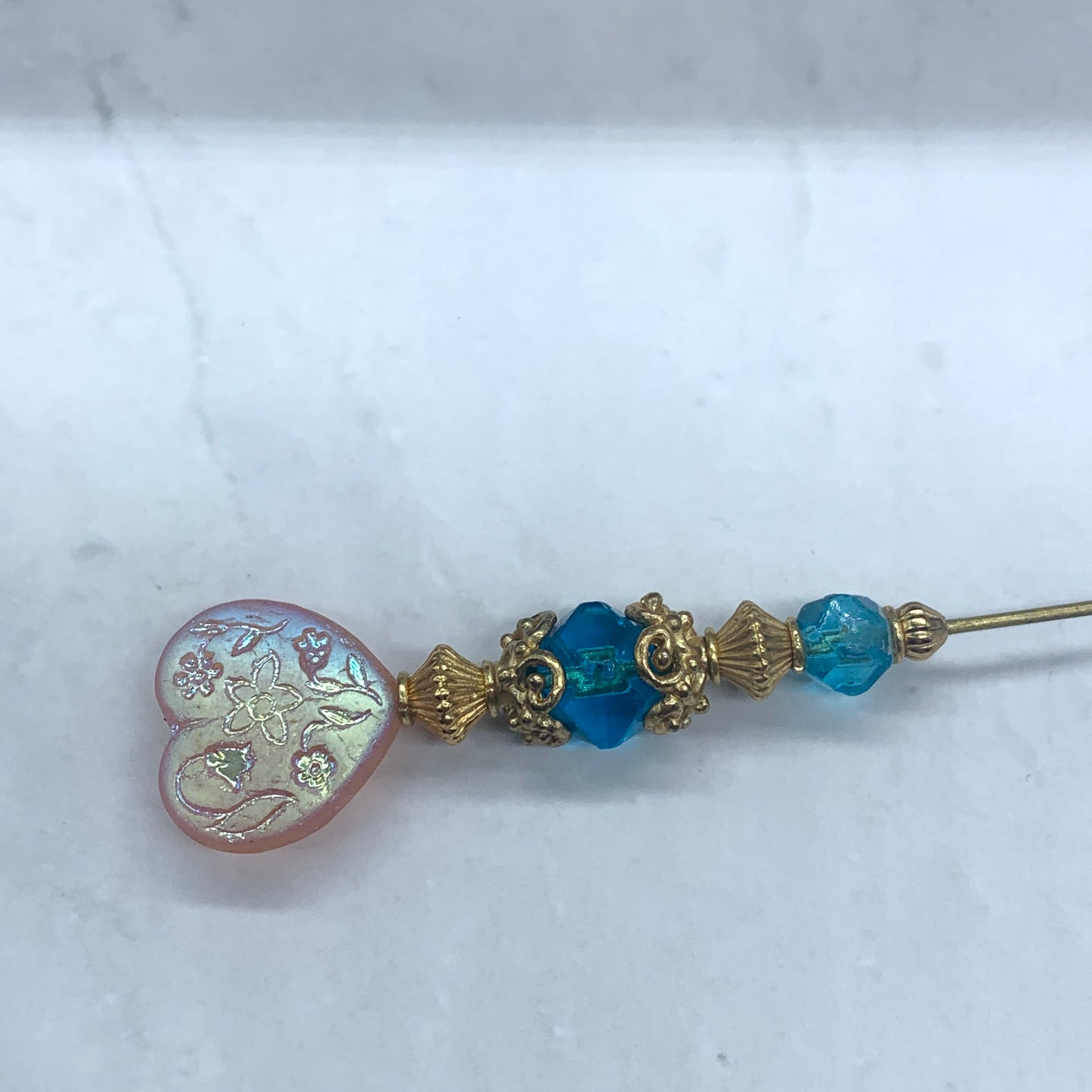 Turquoise Blue Crystal Pink Rainbow & Etched Flower Design Heart 8.25” Hatpin