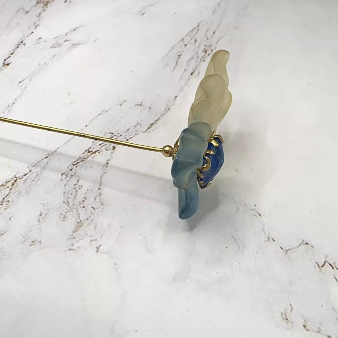 Blue & Clear Acrylic Leaf Blue Rhinestone Gold Tone Accent - 6” Pin • Hatpin