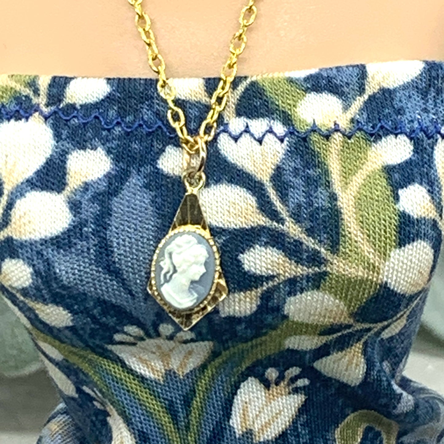 Blue Cameo Pendant Gold Chain Doll Necklace • 16 Inch Fashion Doll Jewelry
