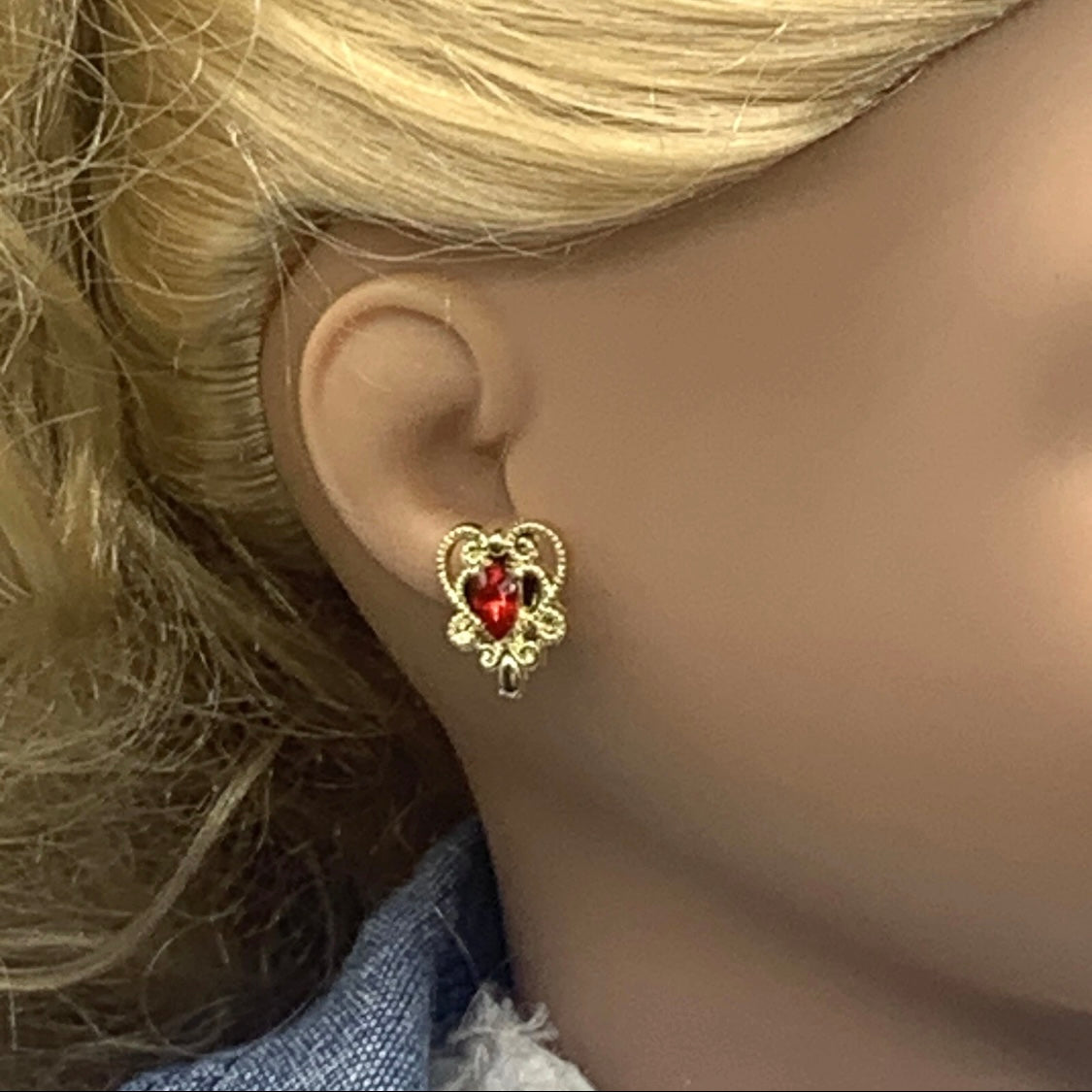 Gold Filigree Red Rhinestone Heart Post Doll Earrings • 18 Inch Doll Jewelry