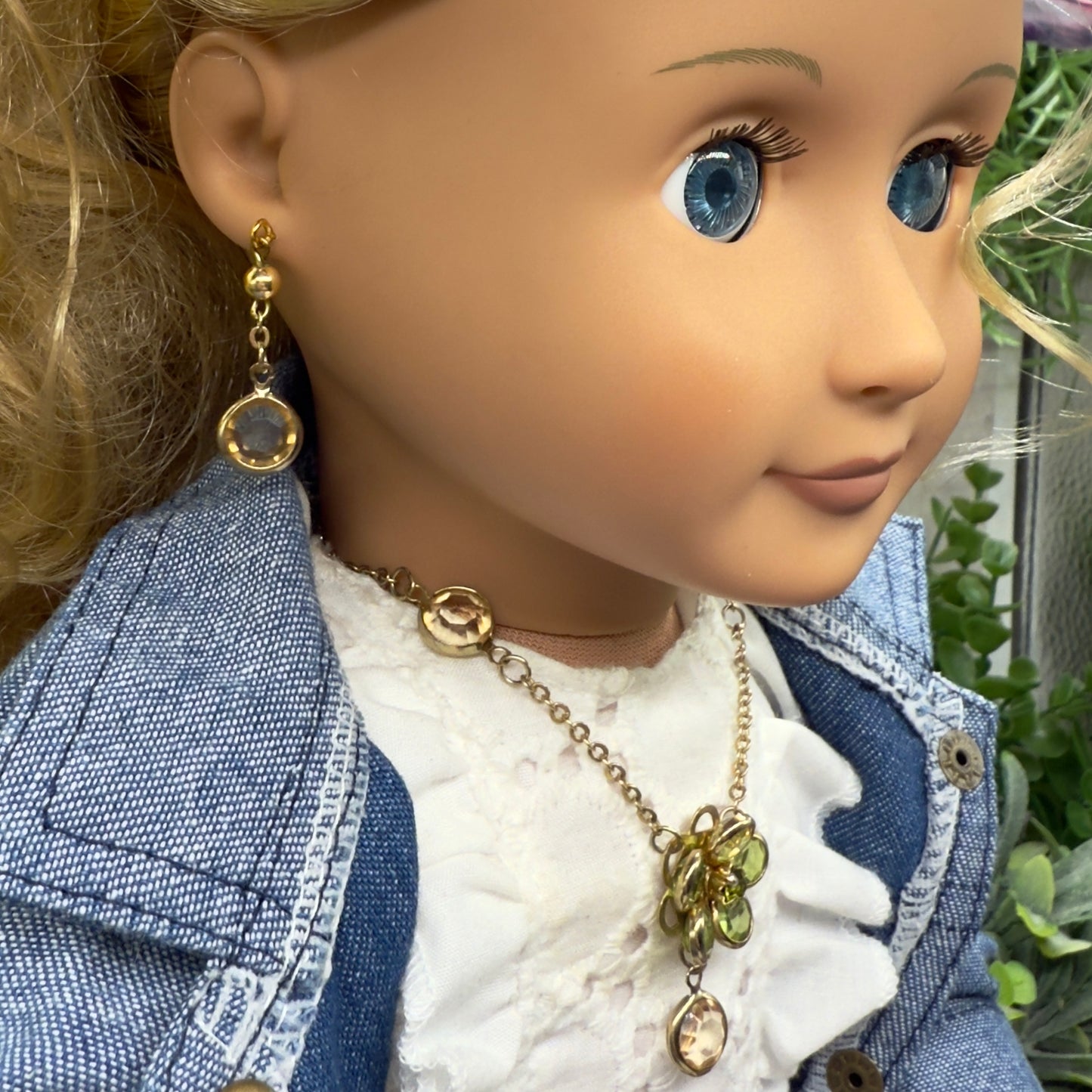 Green Yellow Crystal Flower Doll Necklace Earring Set • 18 Inch Doll Jewelry