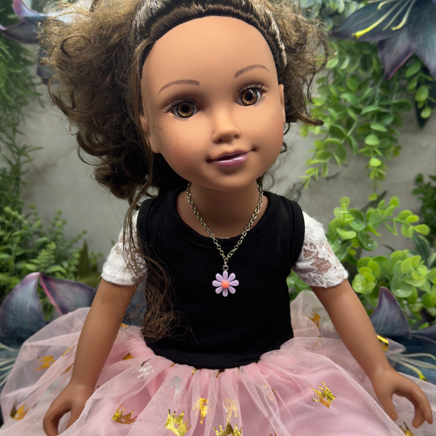 Purple Flower Daisy Charm Silver Chain Doll Necklace• 18 Inch Fashion Doll Jewelry